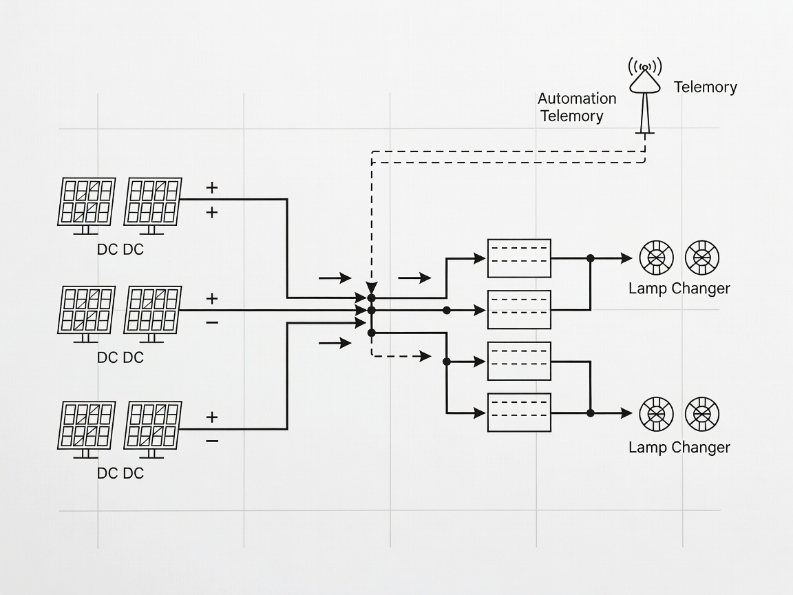 Schematic system wiring diagram of modern solar panels, battery banks, dual lamp changers and telemetry antenna