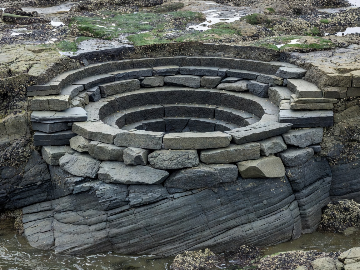 Engineering cross section detailing stepped circular bedrock excavation and keyed base stones on an intertidal reef