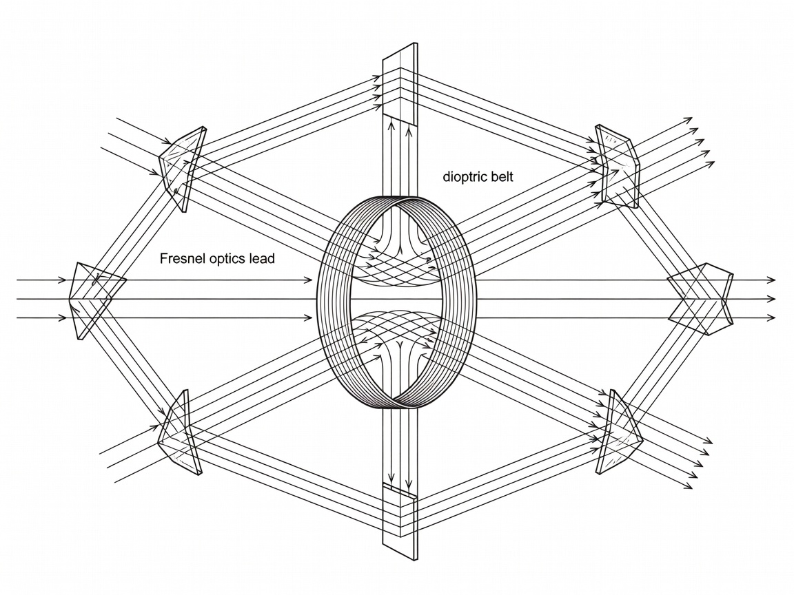 Engineering optical diagram showing refraction paths through central dioptric belt and catadioptric prisms