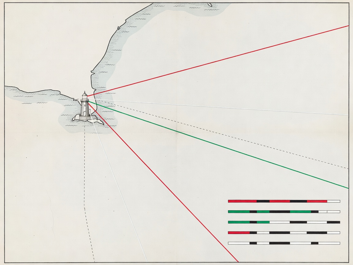 Admiralty chart style optical sector diagram showing red, green and white beam bearings and flash timing diagrams