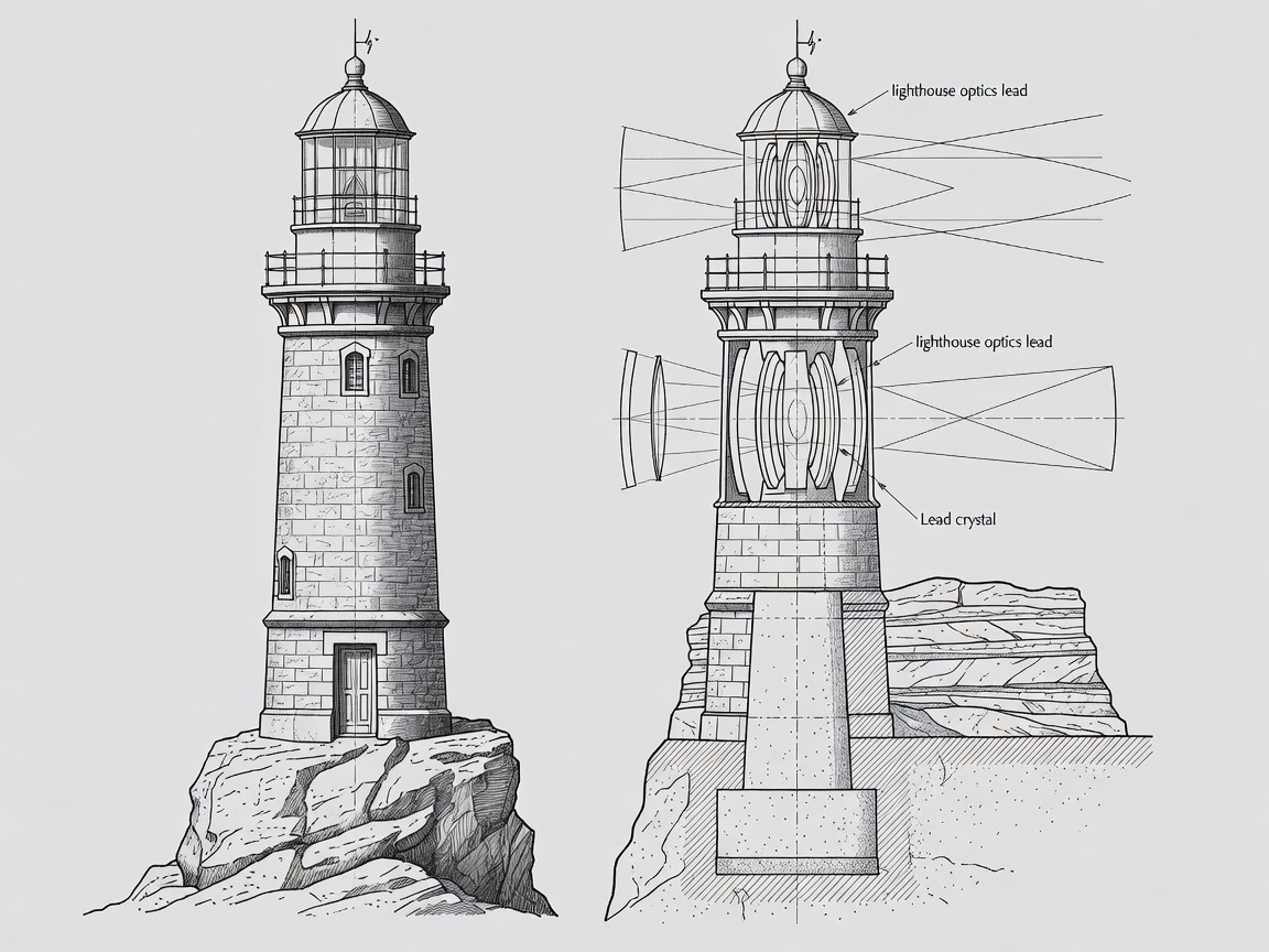 Drafting elevation and optical diagram of a marine rock tower lighthouse showing lantern gallery and base foundation cross-section