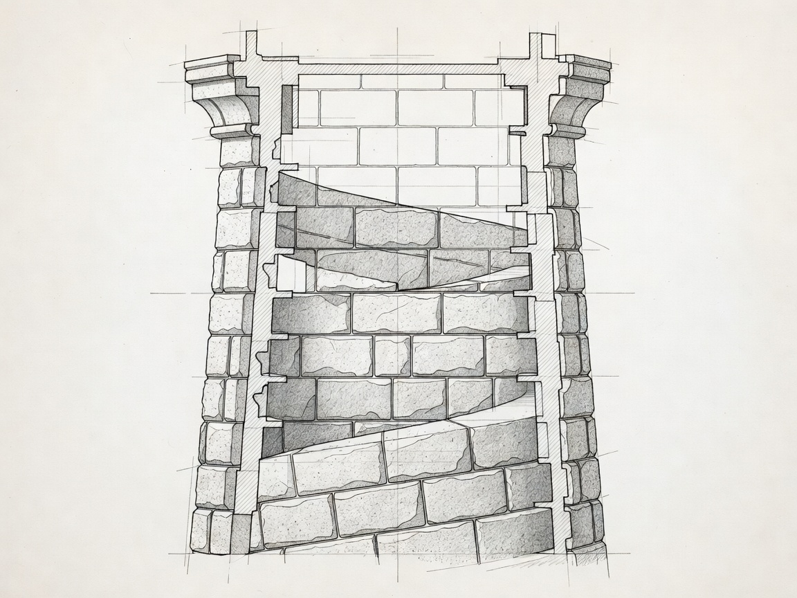 Technical drawing showing structural cross-section of a curved granite lighthouse tower and interlocking stone joints